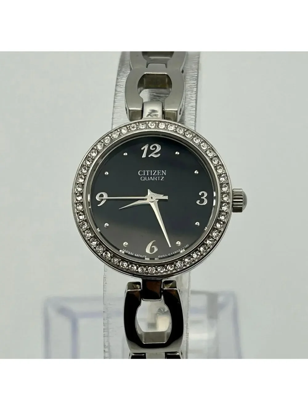 Citizen Silver Tone Black Dial Crystal Bezel Women’s Watch Working New Battery
